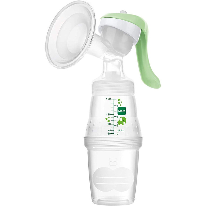Електричний і ручний молоковідсмоктувач MAM 2-в-1, 9 рівнів стимуляції, 2 дитячі пляшечки, легкий старт, зелений