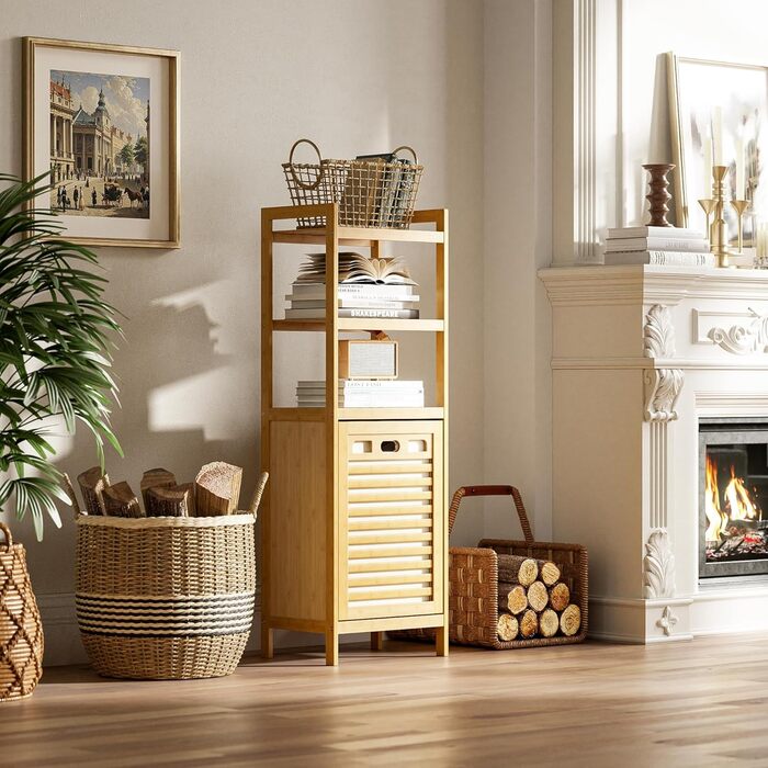 Шафа для ванної кімнати HITNET з кошиком для білизни, бамбукова шафа для ванної кімнати з кошиком для білизни та 3 відкритими полицями, знімні внутрішні кишені об&39ємом 32 л з ручками для ванної кімнати та спальні, натуральний колір