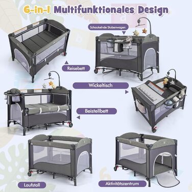 Дитяче ліжечко FANTASK 5-в-1, регульоване по висоті дитяче ліжечко з матрацом та колесами, дорожнє ліжечко з пеленальний столик, підвісні іграшки, музичний мобіль та ремені безпеки, колиска/колиска для малюків (синя)