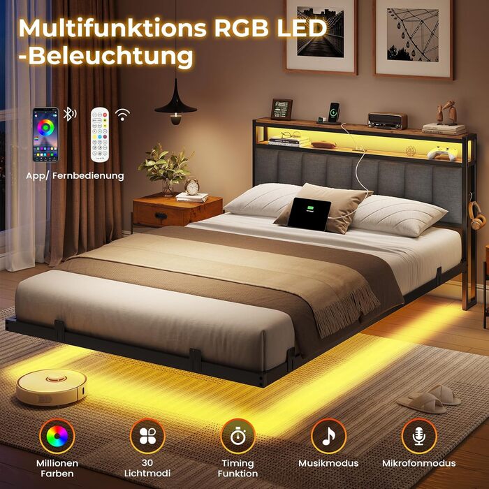 М&39яке ліжко 140x200 см із зарядною станцією та світлодіодним освітленням, каркас двоспального ліжка з місцем для зберігання, узголів&39ям та рейковою основою, плаваючий візуальний ефект, сучасний лляний каркас ліжка, матрац не входить до комплекту, темн