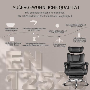 Офісне крісло BASETBL 200 кг, крісло керівника з 4-рівневою газовою пружиною, 3D-підлокітники, регульована поперекова опора та підголівник, тихі гумові ролики, широке сидіння XXL, EN12520, ергономічне офісне крісло чорного кольору з гумовими роликами