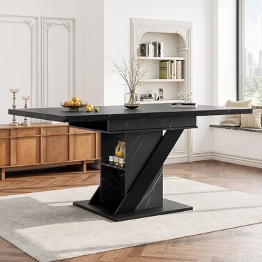 Розсувний обідній стіл з місцем для зберігання, ніжки столу для 4-6 осіб, обідній/кухонний стіл з характерним візерунком, дерев&39яний обідній стіл, розсувний, 110-140x80x75 см, чорний