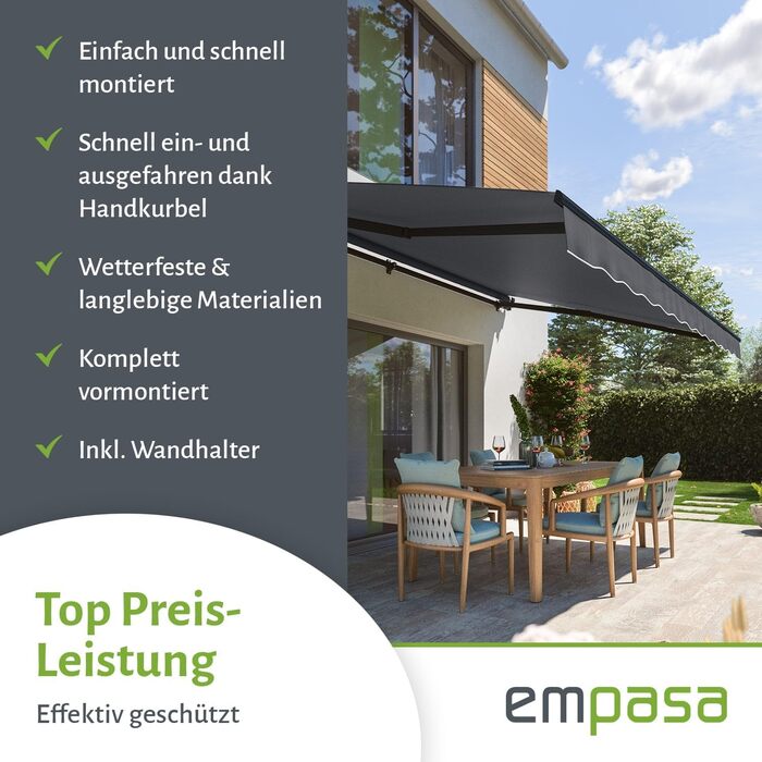 Ручний складаний тент empasa &39Start&39, сонцезахисний тент, алюміній/поліестер, повністю зібраний, різних розмірів та кольорів, 350 x 250, білий/антрацит, смужка