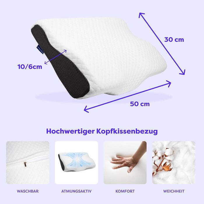 Ортопедична подушка Wolkenfeld 30x50, подушка для голови для зменшення болю в шиї, подушка для шиї з піни з ефектом пам&39яті подушка для сну на боці, спині та животі бавовняний чохол