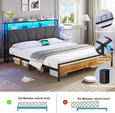 Ліжко 180x200 з металевою рейковою основою, двоспальне ліжко 180x200 см зі світлодіодним підсвічуванням, каркас ліжка 180x200 см з узголів&39ям та зарядною станцією (2 розетки змінного струму, 2 USB-порти) Сучасне, сіро-сірий 180x200 см