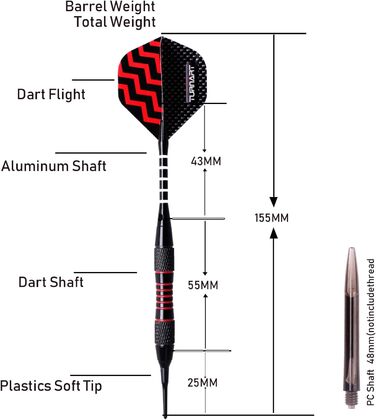 Дротики Turnart з пластиковим наконечником 9 шт. 18 грам з 50 додатковими наконечниками для дротиків 20 гумових кілець 27 польотів 9 PC Shafts Набір інструментів для електронного дротиків Golden