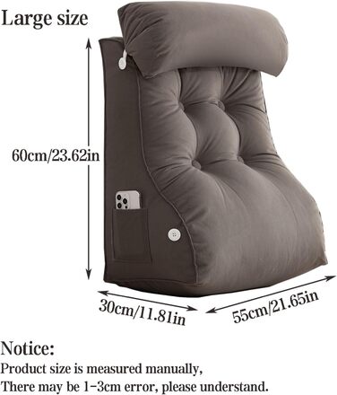 Подушка для читання з опорою для спини та клином, подушка для поперекової підтримки для читання, відпочинку та перегляду телевізора, ідеально підходить для сидіння в ліжку, сірий колір, 556030 см (без підголівника)