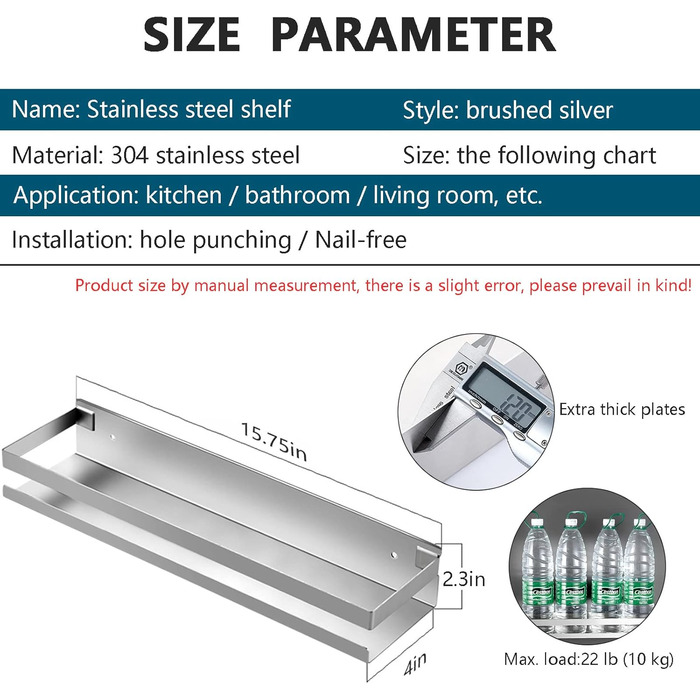 Полиця з нержавіючої сталі для настінного кріплення, прямокутна полиця для спальні, ванної кімнати, вітальні, кухні та пральні, настінні полиці без цвяхів (40 см, срібляста)