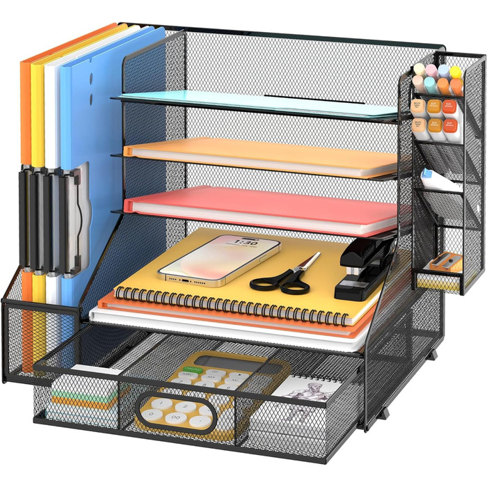 Органайзер для лотка для паперу з сітчастим тримачем для файлів, 5-ярусний настільний аксесуар та органайзер для офісного приладдя, чорний з тримачем для ручок