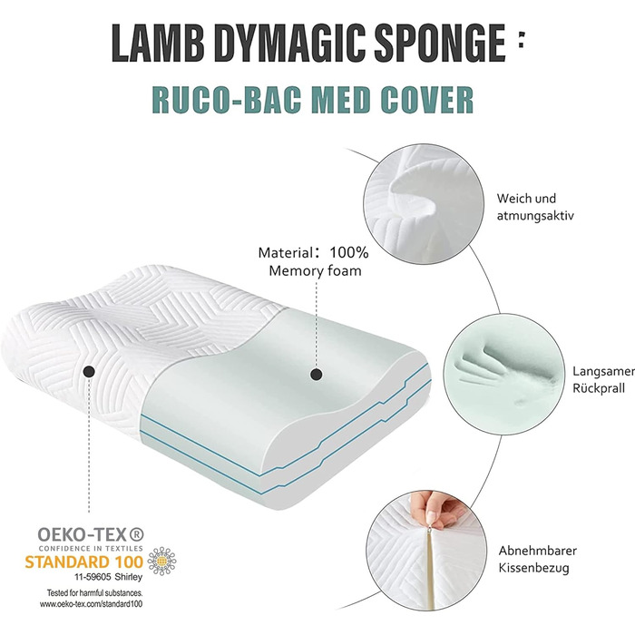 Подушка LAMB з регульованої по висоті піни з ефектом пам&39яті, ергономічна подушка для підтримки шиї, щільність 50D, знімний чохол, підходить для сну на боці - синя, 2 шт., 60x35x12/10 см, синя піна з ефектом пам&39яті