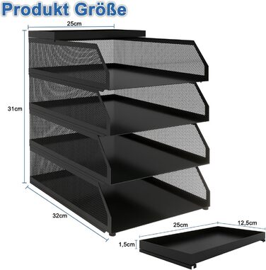 Лоток для документів PUNCIA A4, лоток для листів з 4 металевими відділеннями, органайзер для файлів, лоток для паперу, система для зберігання документів, тримач для документів для офісу, навчання, школи, офісних меблів, чорний, 32 x 25 x 31 см