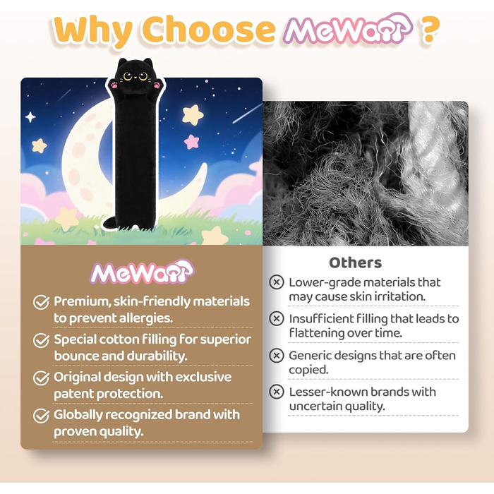 Подушка довга Mewaii Кіт чорний, 51 см, пуховий бавовна