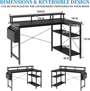 Г-подібний стіл Grandder зі світлодіодним освітленням та розетками, ігровий стіл 120 см з 2 полицями, комп&39ютерний стіл з підставкою для монітора, робоча станція для домашнього офісу, карбоново-чорний колір 120 x 70 см, чорний колір, імітація карбону