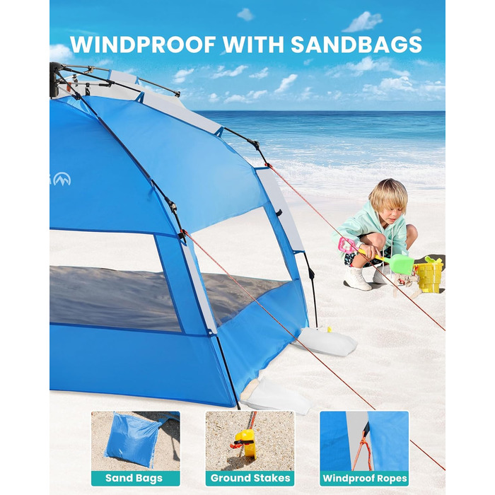 Пляжний намет OutdoorMaster з технологією Dark Shelter, портативний пляжний сонцезахисний тент, тент для 4-6 осіб із захистом від ультрафіолету UPF 50, легко встановлюється, розкладний намет, сімейний розмір, Ocracoke Coast