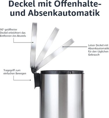 Сміттєвий бак Storeo Basics 20 л зі сталевою трубчастою педаллю - м'яке закриття з кришкою, для кухні, ванної кімнати або офісу, ц