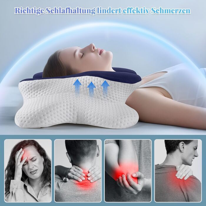 Ергономічна подушка для шиї, подушка для голови, подушка для зняття болю в шиї, подушка-метелик, подушка для сну на животі, подушка з піни з ефектом пам&39яті, темно-синя, подушка для сну на боці, ортопедична подушка для підтримки шиї