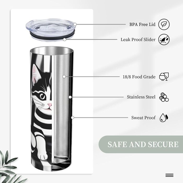 Кухоль з прямою трубочкою, 590 мл, чорно-білий смугастий принт кошенят, дорожній кухоль, підходить для кемпінгу, офісу та дому