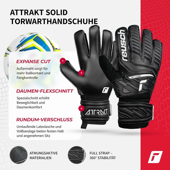 Воротарські рукавички Reusch Attrakt Solid Міцний хват із синтетичного латексу Стабільність на 360 завдяки повному ремінцю та еластичній манжеті Ідеальна посадка за будь-яких погодних умов Для всіх типів ігрового поля, розмір 9, чорні