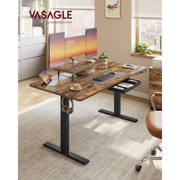 Письмовий стіл з регульованою висотою, 140 x 70 см, гнучка підставка для монітора, шухляда, порт USB-C, нагадування про тривале сидіння, для офісу, вінтажний коричневий LSD154KD01 140 x 70 см вінтажний коричневий