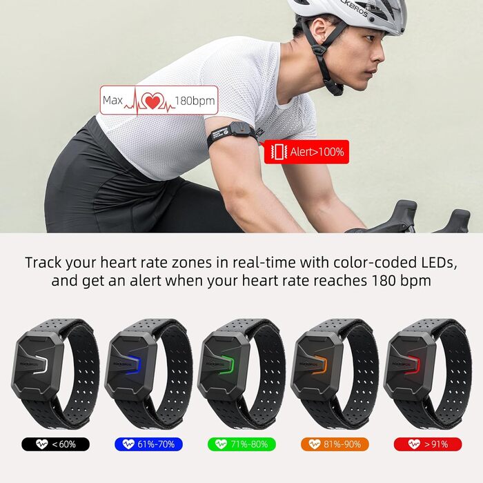 Браслет ROCKBROS з пульсометром, Bluetooth ANT, фітнес-трекер із світлодіодним індикатором зон серцевого ритму, водонепроникний оптичний датчик пульсу IP67, акумулятор 15 годин, магнітна зарядка