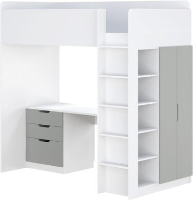 Дитяче ліжко-горище Shefa з письмовим столом - компактне ліжко-горище 5-в-1 для дітей зі сходами, шафою, полицею та робочою зоною - сірого кольору, вантажопідйомність до 90 кг, розміри 206 x 107 см