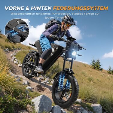 Електровелосипед VARUN, чоловічий електровелосипед 20 x 4,0 дюймів з акумулятором 48 В 31,5 Аг / 20,8 Аг, запас ходу до 160-180 км, двигун 250 Вт 85 Нм, фетбайк з повною підвіскою, поворотниками, 7-швидкісний всюдихідний електровелосипед з білим акумулято