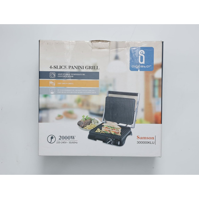 Контактний гриль Panini Grill, Бутербродниця, 2000 Вт, нержавіюча сталь з антипригарним покриттям, 180 градусів відкидний, контроль температури, ОДНОРАЗОВА УПАКОВКА., 30KLU- XXL