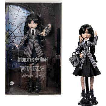 Лялька Monster High Wednesday та аксесуари, колекційна фігурка Wednesday Addams у формі Академії Nevermore з крижаною рукою та рюкзаком, підставка для ляльки, HJ04 Різнокольорова
