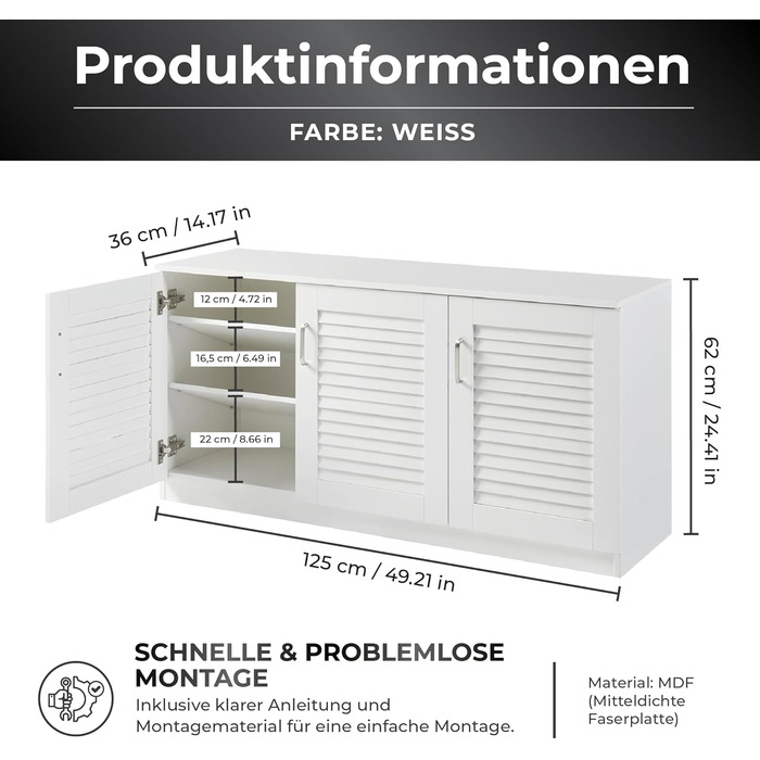 Взуттєва шафа Løten, полиця для взуття з 3 дверцятами та 6 полицями, відділення для взуття, 125 x 36 x 62 см, вміщує до 12 пар взуття, біла, 125 x 36 x 62 см