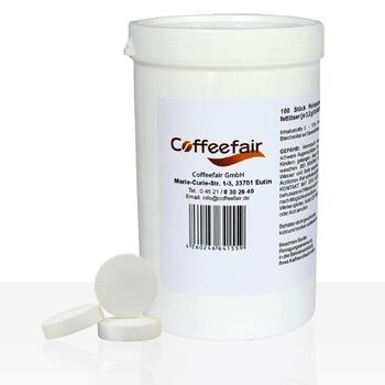 Таблетки для очищення кавомашини Coffeefair, 100 шт. x 3,2г, універсальні, інтенсивні та безпечні для матеріалів, сумісні з Jura, Saeco, Melitta, WMF, Bosch, Siemens, Delonghi, Miele