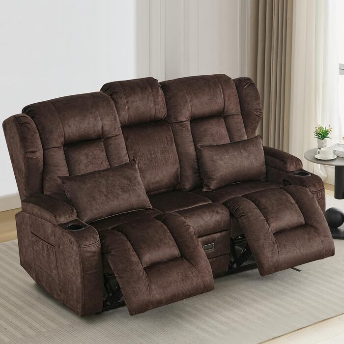 Місний розкладний крісло-реклайнер з функцією відкидання спинки та підставкою для ніг, двомісне крісло для телевізора з консоллю, подвійне кінокрісло з ручним регулюванням вагою до 360 кг (розкладна центральна консоль, коричнева оксамитова тканина) Коричн