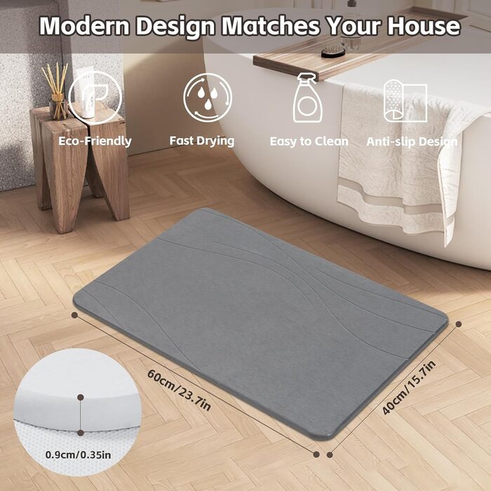 Килимок для ванни з каменю, діатомовий килимок для душу, швидковисихаючий килимок для душу, нековзний, абсорбуючий килимок для ванної кімнати, для підлоги у ванній кімнаті, кухонних стільниць, посуду, рослин або домашніх тварин, темно-сірий