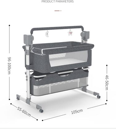 Дитяче ліжечко Nine Point Nine, розкладне дитяче ліжко-ліжечко, пружинне ліжко Baby Box з колесами, багатофункціональне, з 5 гойдалками (601 Середньо-сірий)