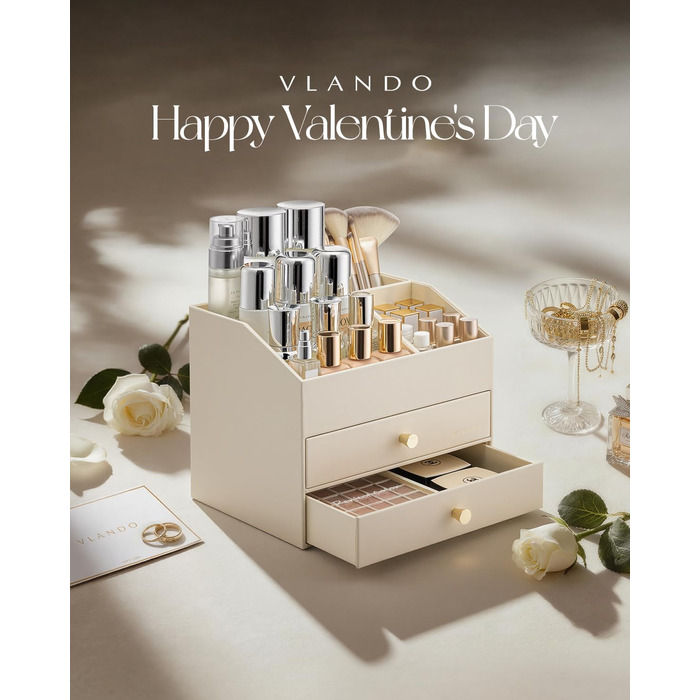 Органайзер для макіяжу VLANDO з 3 шухлядами, органайзер для туалетного столика, органайзер для косметики, органайзер для макіяжу для ванної кімнати, догляд за шкірою комода, бежевий