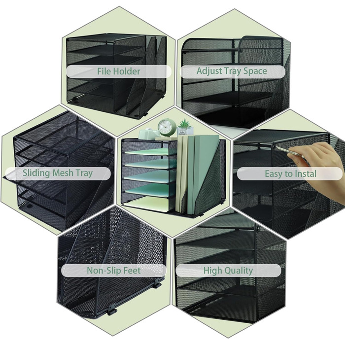 Рівневий настільний органайзер з 2 додатковими вертикальними папками для файлів, лоток для паперу, настільні лотки для паперу формату A4, тримач для журналів для домашнього офісу, чорний, 5 рівнів з 2 вертикальними папками, 5-
