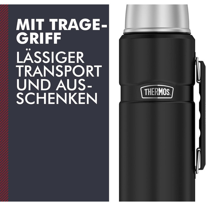 Термос THERMOS STAINLESS KING, матово-чорний, 1,20 л - нержавіюча сталь, герметичний, з чашкою для пиття та ручкою, 12 годин гарячої та 24 години холодної води, можна мити в посудомийній машині, без BPA