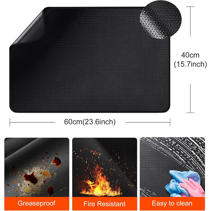 Вогнетривка підкладка Силіконовий вогнезахисний килимок зі скловолокна для стільниці Термостійкий килимок для фритюрниці Вогнетривка кавоварка Протиковзкий водонепроникний (40 x 60 см) Чорний 4060см