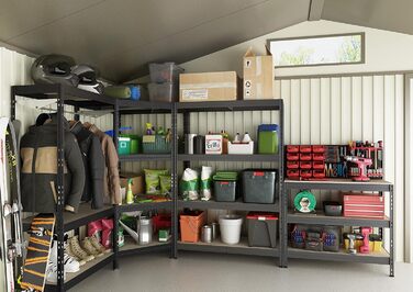 Поліжна система Rivet для важких умов експлуатації, антрацитово-сірий колір, 1 кутова полиця (180x90x45x64,5 см, 250 кг, 4 полиці з HDF) та 2 полиці без болтів (180x90x45 та 180x120x45 см, 250 кг)