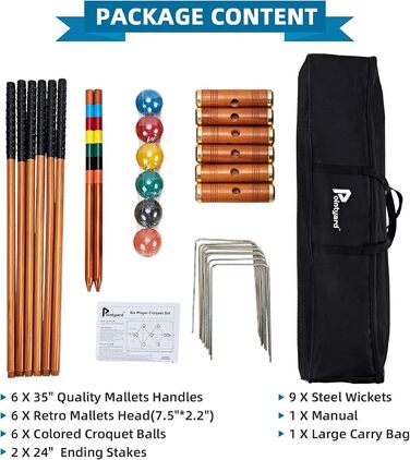 Набір для крокету Pointyard для 6 гравців, набір для крокету класу &quotлюкс&quot з дерев&39яними молотками, кольоровими м&39ячами, хвіртками та кілочками для дорослих/молоді/сім&39ї, ідеально підходить для газону/заднього двору/парку (включає сумку для п