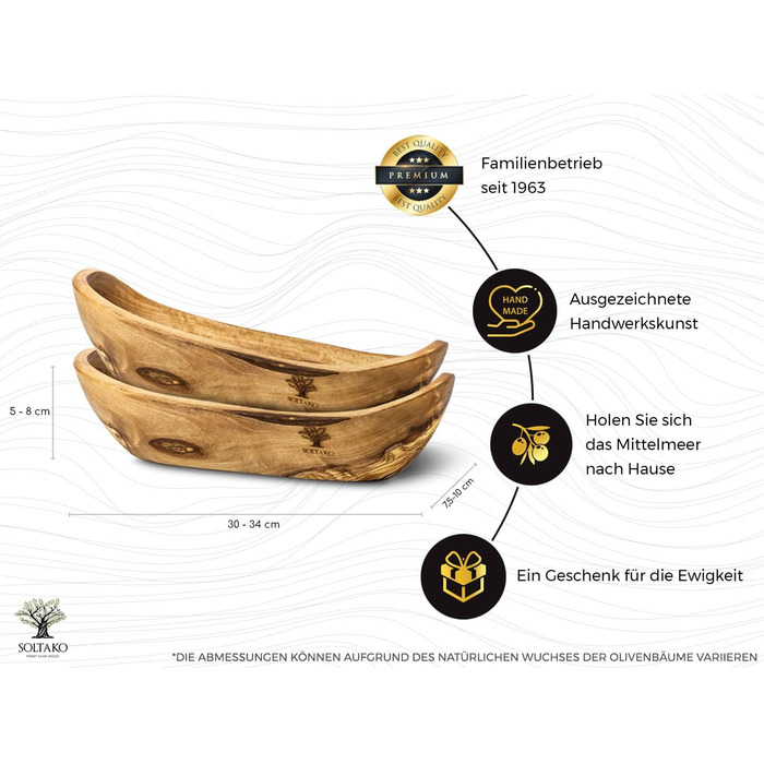 Набір з 2 багетів з оливкового дерева Миска для хліба - Миска для закусок подовжена - Сільська дерев'яна миска - Декоративна миска