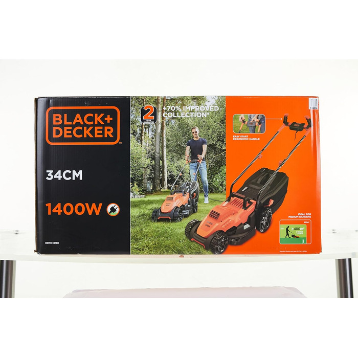 Електрична газонокосарка BlackDecker з ручкою BEMW461BH (1400 Вт, ширина зрізу 34 см, 6-позиційне регулювання висоти, травозбірник на 40 л, ідеально підходить для садів середнього розміру)