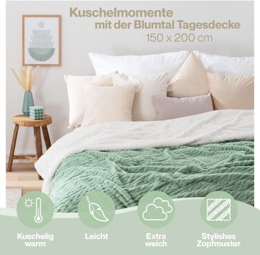 М&39яка ковдра Blumtal 150x200 см з в&39язаним візерунком &quotкосичка&quot - сертифікована Oeko-TEX ковдра з мікрофібри флісу 150x200 см з м&39якою шерпа підкладкою - пухнаста ковдра - товста м&39яка ковдра зелено-біла 150x200 см зелено-білий
