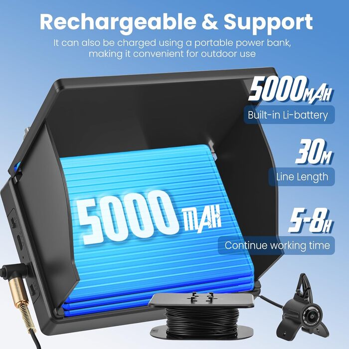 Ехолот з 4,3-дюймовим IPS-дисплеєм та підводною камерою, кабелем 30 м, акумулятором 5000 мАг, водонепроникністю IP65, нічним баченням з широким кутом огляду 220 для морської риболовлі, підлідної риболовлі, річкової риболовлі та риболовлі на озері.