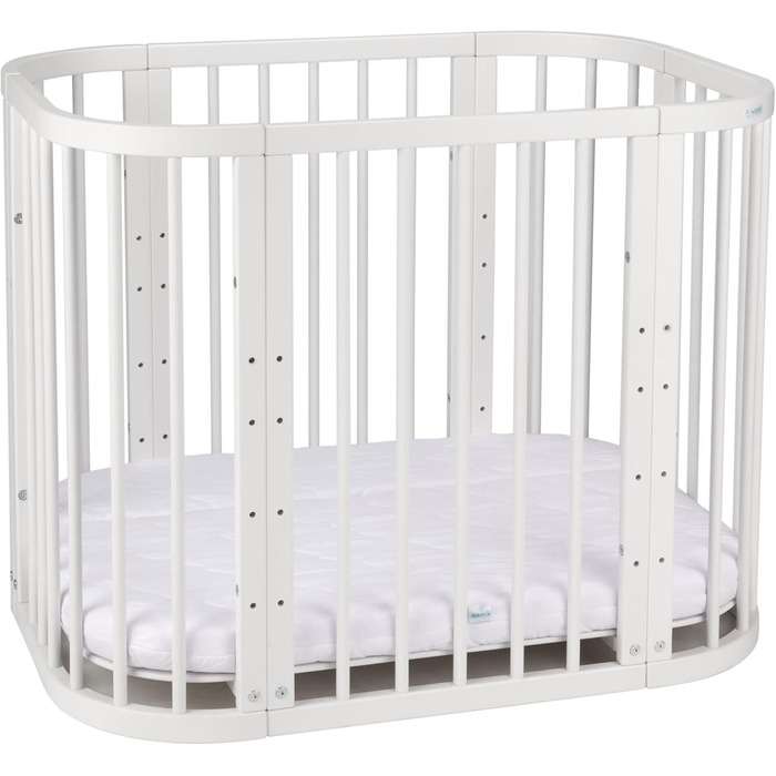 Дитяче ліжко Waldin 5-в-1, дерев&39яне приліжкове ліжечко, матрац, вентильоване, регульована основа у 5 положеннях, біле дерево (комплект тканини не входить до комплекту)