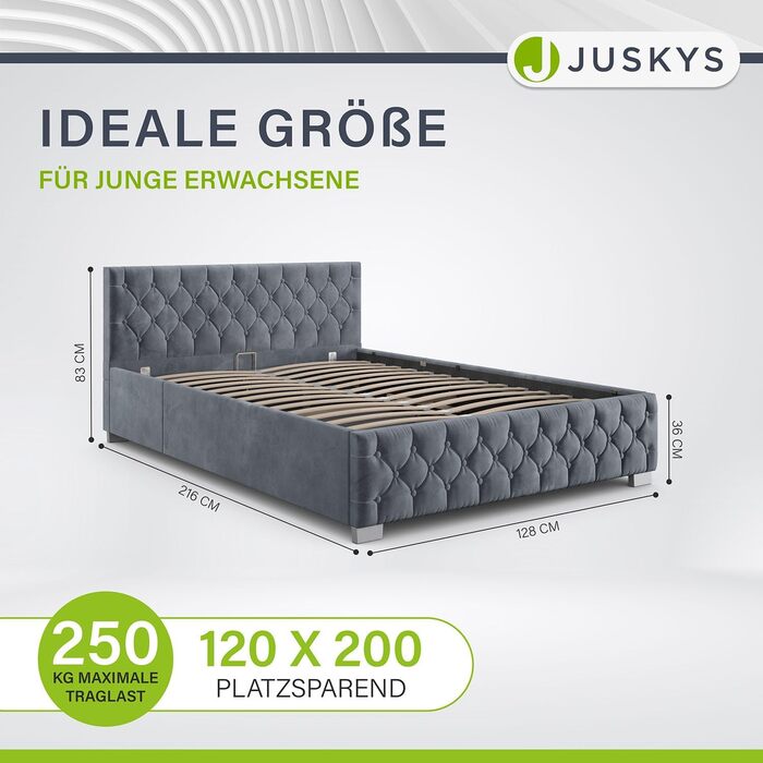 Ліжко Juskys Nice з м&39якою оббивкою 120x200 см, оксамитове, з місцем для зберігання, світлодіодним освітленням та рейковою основою - стьобане узголів&39я та честерфілдська стьобана тканина - каркас ліжка - сірий 120 x 200 см