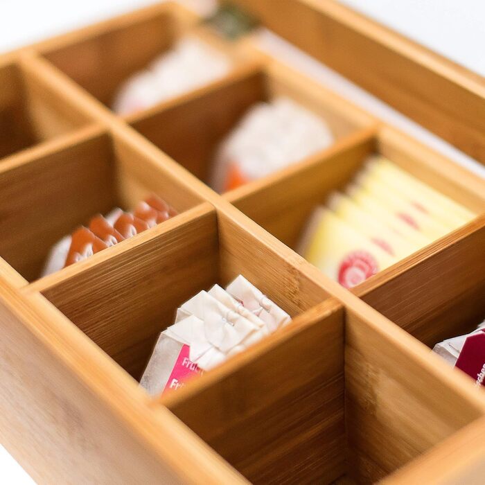 Коробка для чаю Relaxdays на 8 відділень, бамбук, для зберігання пакетиків чаю, коробка для чаю з віконцем, ВхШхГ 9 х 28 х 16 см,