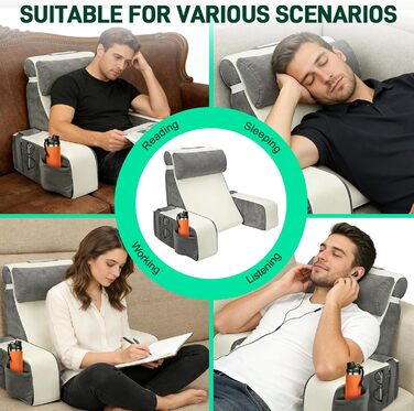 Подушка для читання для ліжка, подушка для читання для ліжка та дивана зі знімними підлокітниками та підголівником, подушка для читання з чохлом, який можна прати, подушка для спини, подушка з підтримкою спини для відпочинку в ліжку, читання, перегляду те
