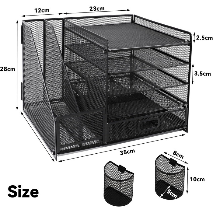 Сітчастий настільний органайзер з вертикальним тримачем для файлів, 5-ярусним лотком для паперу з висувною шухлядою та 2 тримачами для ручок, настільний органайзер з тримачем для журналів для офісного приладдя Black1