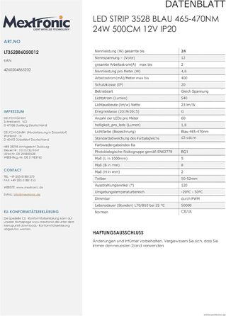 Світлодіодна стрічка Mextronic 12V/24W, 5 метрів, 3528, синій колір (465-470nm), 24W, 500 см, IP20