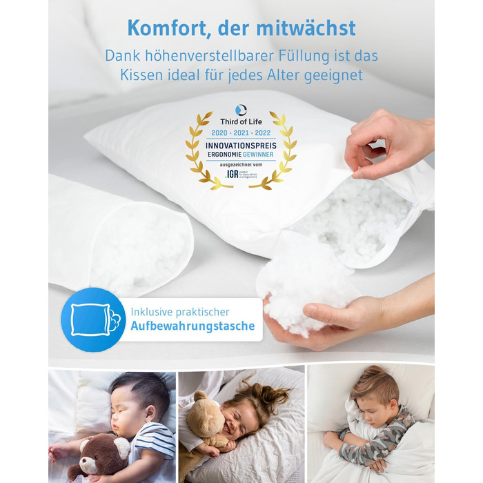 Дитяча подушка 40x60, Регульована по висоті дитяча подушка від 3 років, Екологічно чиста дитяча подушка TILLA - зроблено в ЄС, Зат